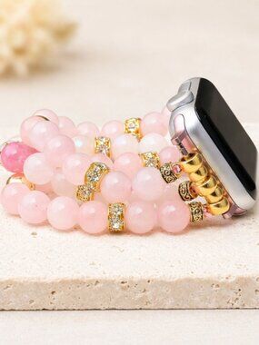 Apple Watch Band 38/40mm Rose Quartz Moonstone Beaded Stainless Steel Bracelet